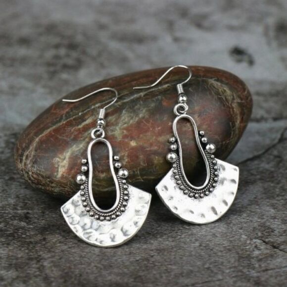 BOHO HAMMERED DANGLE 14K WHITE GOLD PLATED EARRINGS - Picture 3 of 12